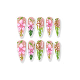 Pink Cherry Green Ivy·Hand-painted Flower Shadow Long Pointed Press On Nail