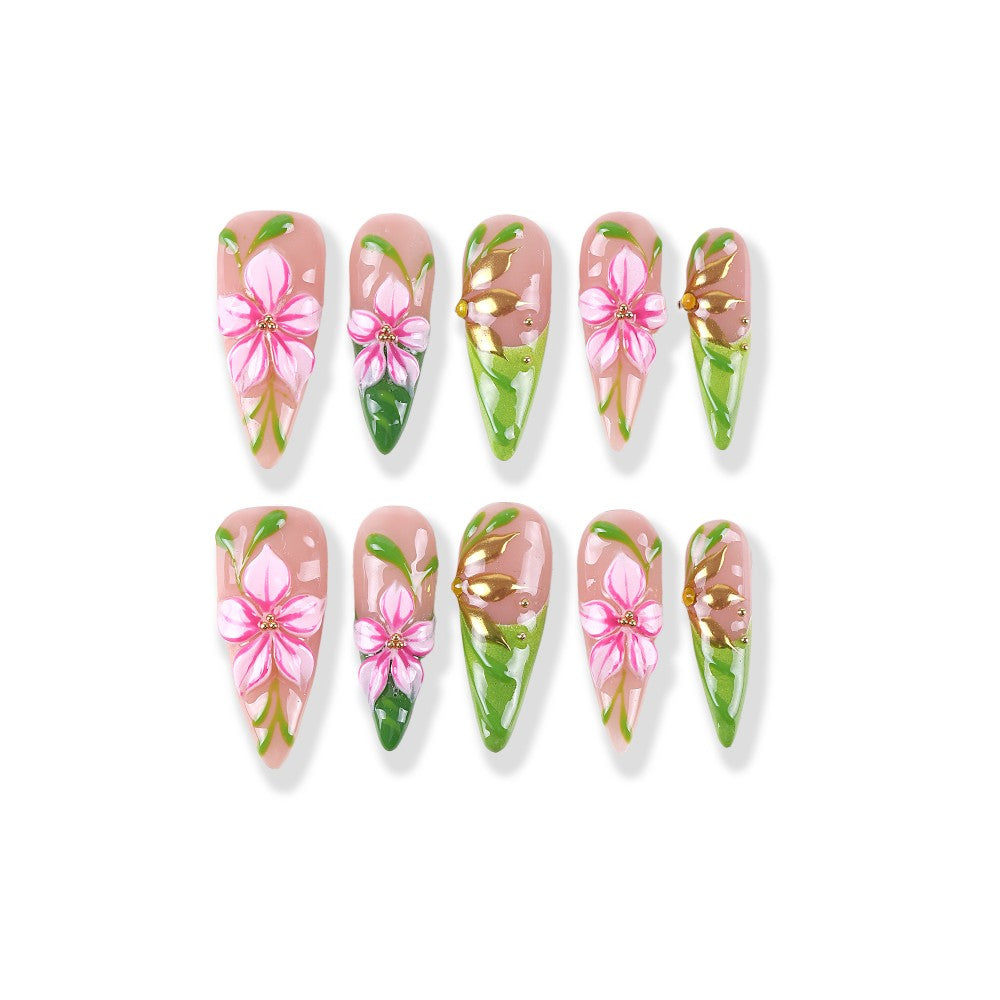 Pink Cherry Green Ivy·Hand-painted Flower Shadow Long Pointed Press On Nail