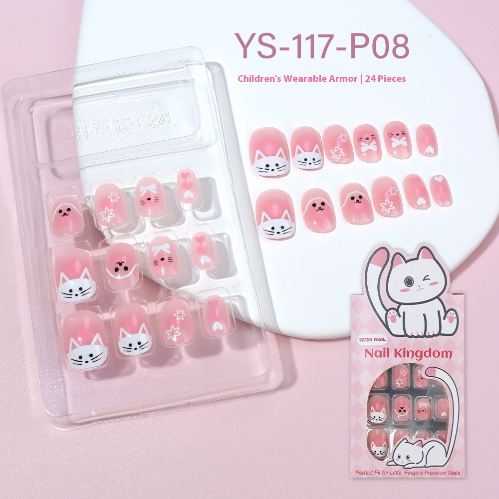 Children press on nails, cartoon 24-piece boxed finished product, sweet and cute children's removable fake nail patch manicure