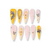 Sweet Lemon Stiletto Press-On Nails | Yellow-Cream Splice with Rhinestones, 10pcs