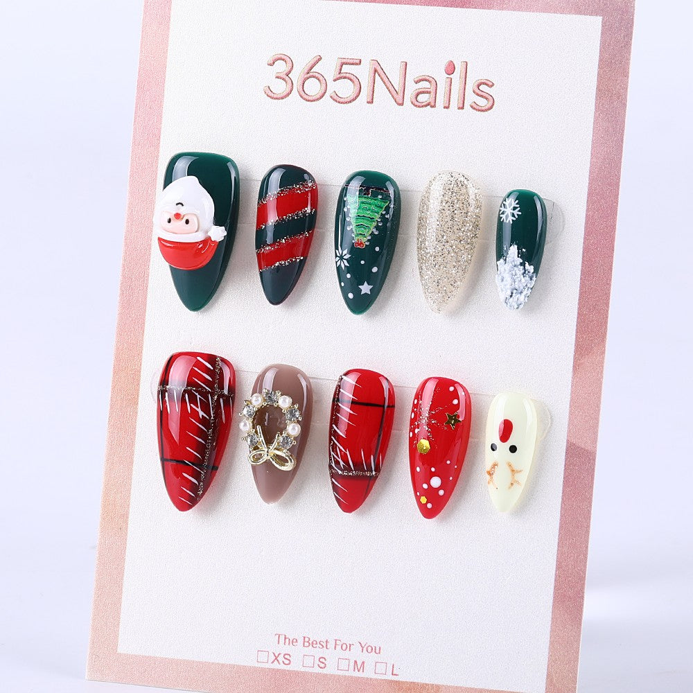 Red, green and gold medium almond Santa Claus elk snowflake diamond jewelry press on nail
