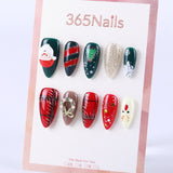Red, green and gold medium almond Santa Claus elk snowflake diamond jewelry press on nail