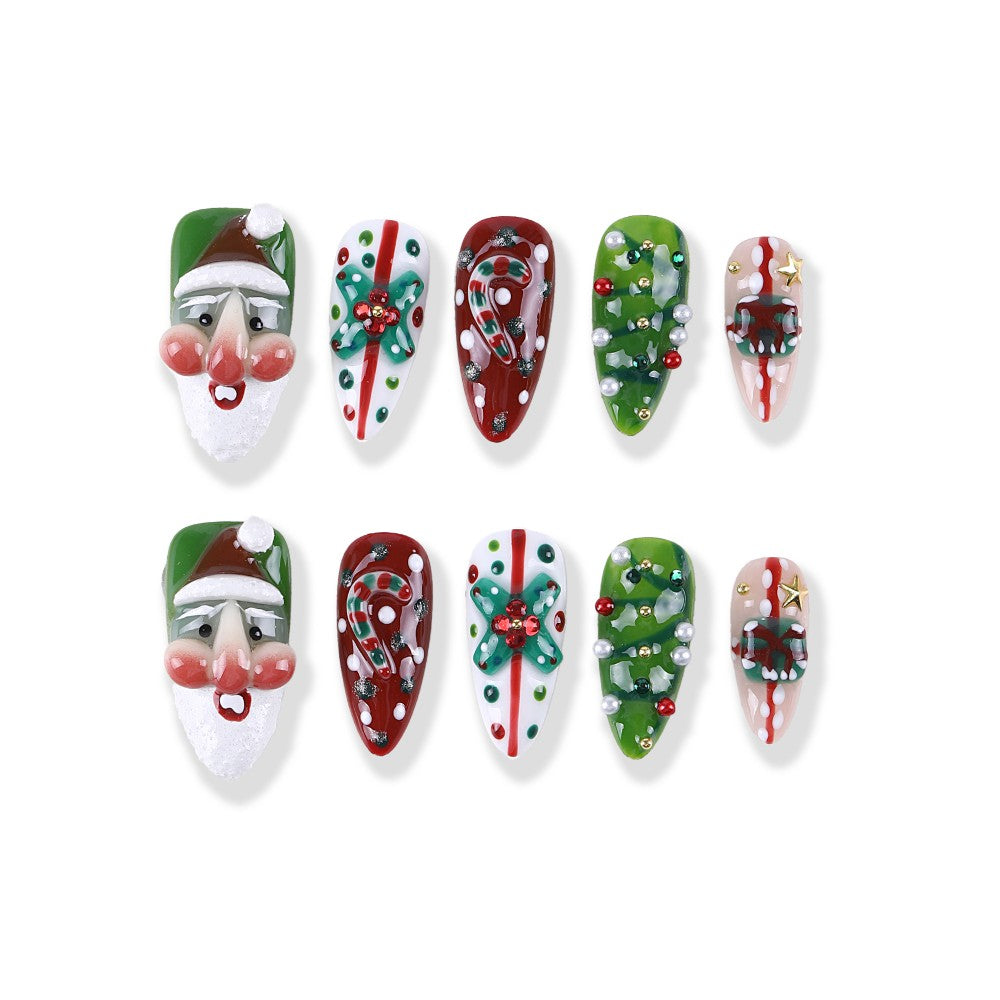 Christmas candy cane and gift box bow medium almond press on nail