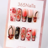 Cherry Cocoa French Press-On Nails | Amber Petals & Gold Studs, 10pcs