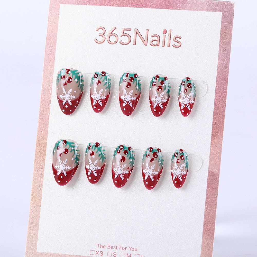 Christmas Snowflake Berry Wreath Medium Almond Clear Red and Green Hand Painted press on nail