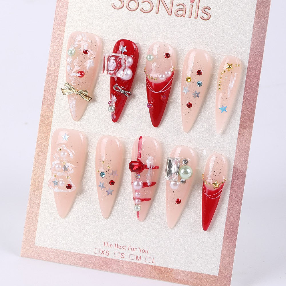 365Nails Gift Bow & Bauble Nude-Red Long Almond Set