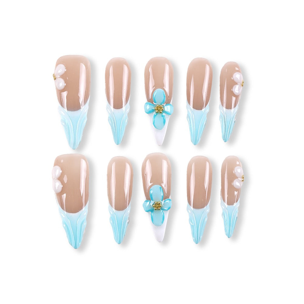 365Nails Nude Milk Tea with Glacier-Blue French Tips, 3D Florals and Embossed Lines – Elegant Long Almond Press-On Nails