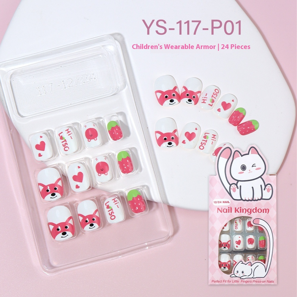 Children press on nails, cartoon 24-piece boxed finished product, sweet and cute children's removable fake nail patch manicure
