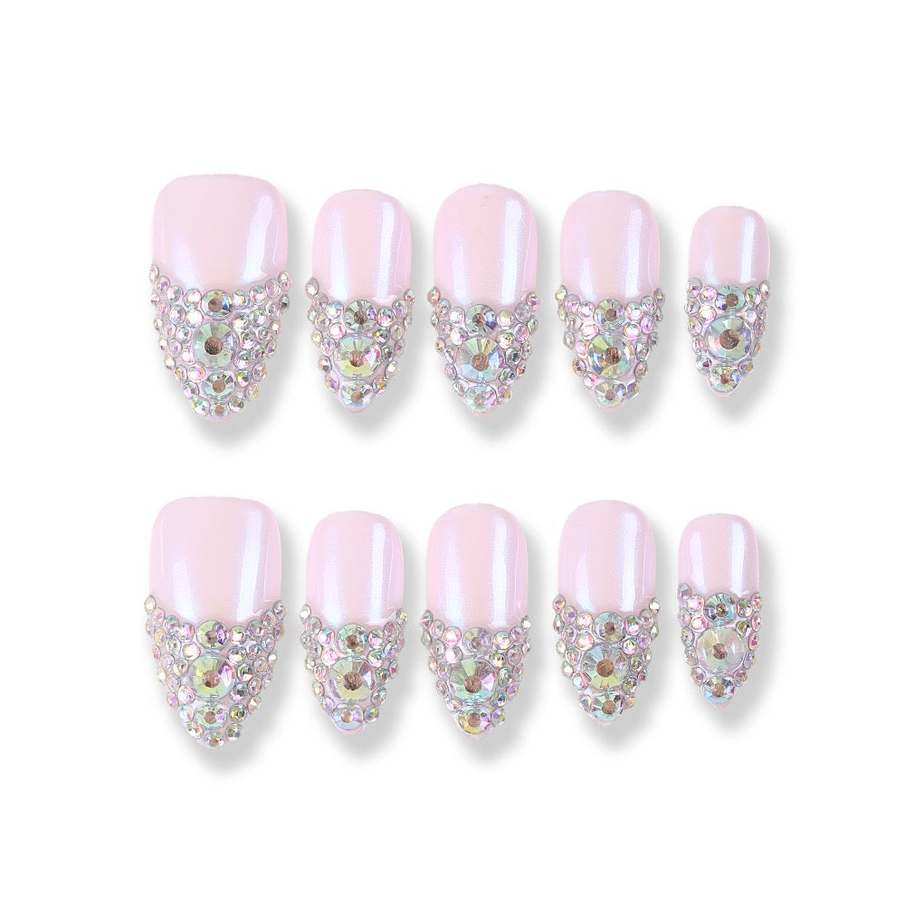 365Nails Pink Pearl French Press-On Nails V-Tip Full Rhinestones Date Party Set