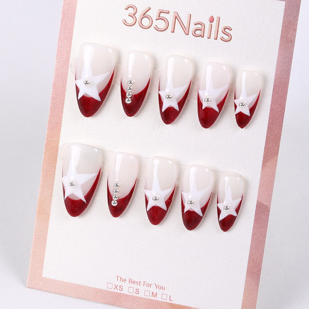 365Nails Red White French Star Press-On Nails Jelly Wine-Red Stiletto with Stud Accents Party-Ready