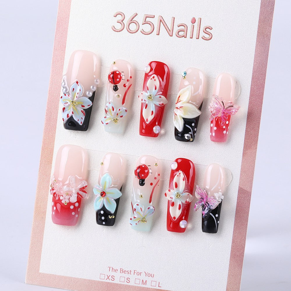 Sakura Pink Black Flower Butterfly Medium Square 3D Flower Ladybug Pearl Press on nail