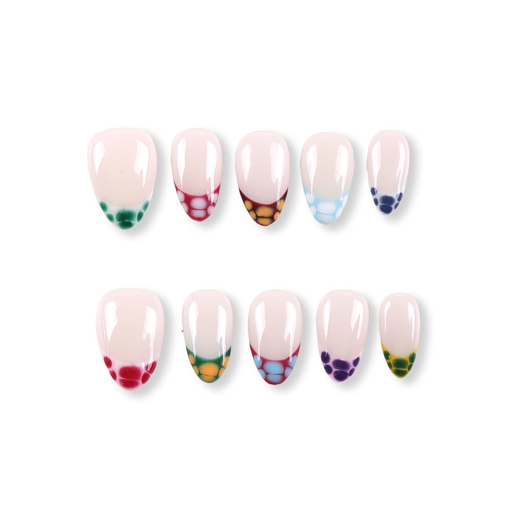 365Nails Base de Jalea Milky con Puntas Francesas de "Gominola Granulada" de Colores – Uñas Postizas Ovaladas-Almendradas Medias y Divertidas