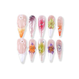 Jelly peach orange carved long pointed gradient crystal flower press on nail