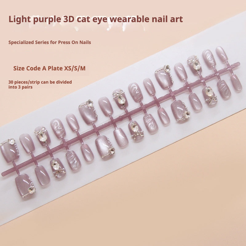 Pontas de unha pré-fabricadas, unhas postiças, peça removível de unha estilo olho de gato lavanda simples, remendo de unha curta tridimensional em T|365nails