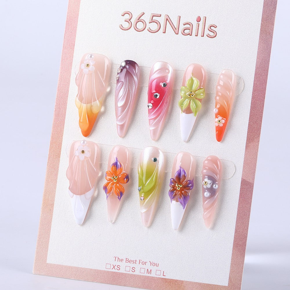 Jelly peach orange carved long pointed gradient crystal flower press on nail