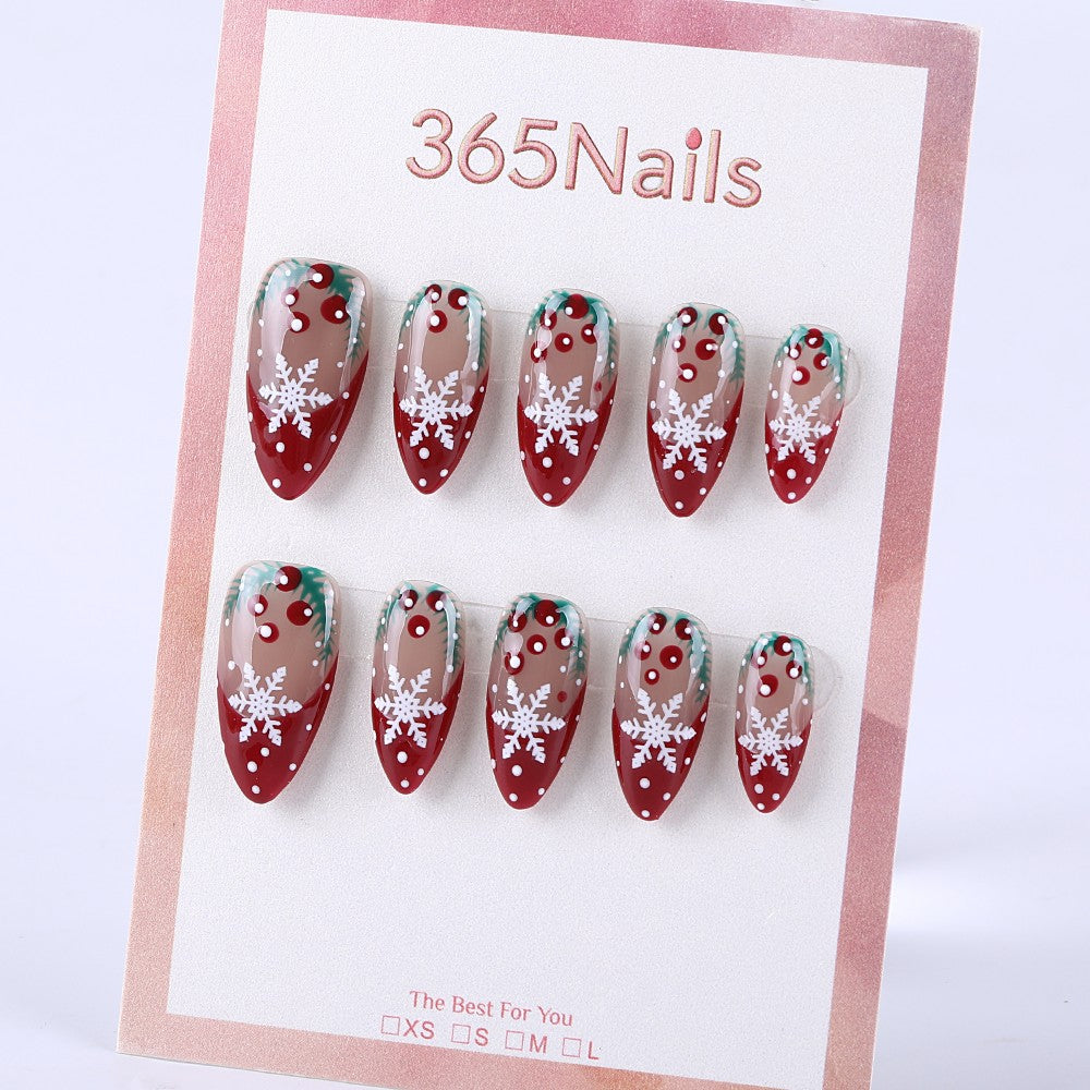 Christmas Snowflake Berry Wreath Medium Almond Clear Red and Green Hand Painted press on nail