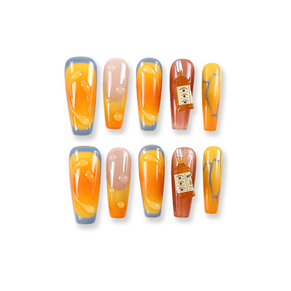 365Nails Honey Amber Long Coffin Press-On Nails with 3D Dew Drops and Mini Bottle Charms