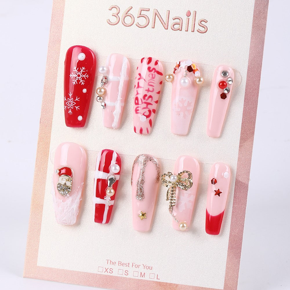 365Nails Merry Christmas Gift Ribbon Nude-Red Long Coffin Set