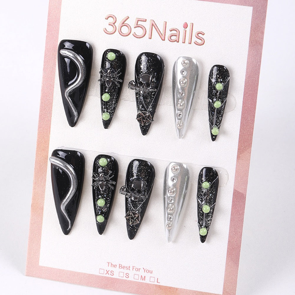 365Nails Halloween Noir Press-On Nails with Silver Snake Lines, Spiders & Skulls