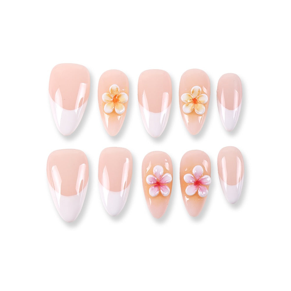 365Nails Milky Nude French with 3D Daisy Petals and Glossy Finish Press-On Nails