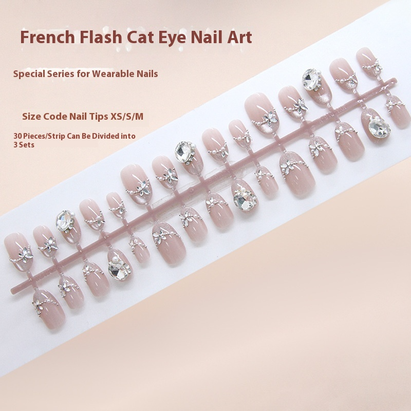 Pontas de unha pré-fabricadas, flash de unha de gato, francesa, pérola, pilha, diamante, doce, manicure removível, 30 peças|365 unhas