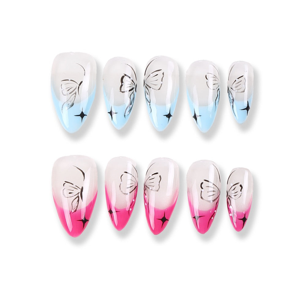 365Nails Misty Gradient Press-On Nails with Butterfly Line Art and Sparkles (Blue & Pink Set)