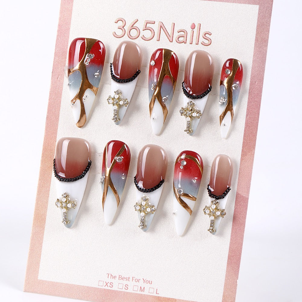 365Nails Wine-Red & Dusty Blue Ombre French with Gold Branch Lines and Crystal Cross Charms Press-On Nails