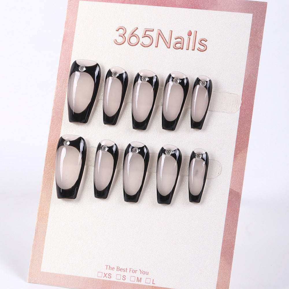 365Nails Uñas postizas minimalistas para manicura francesa "Smoky Nude" con contorno negro brillante y efecto espejo "Dew-Drop".