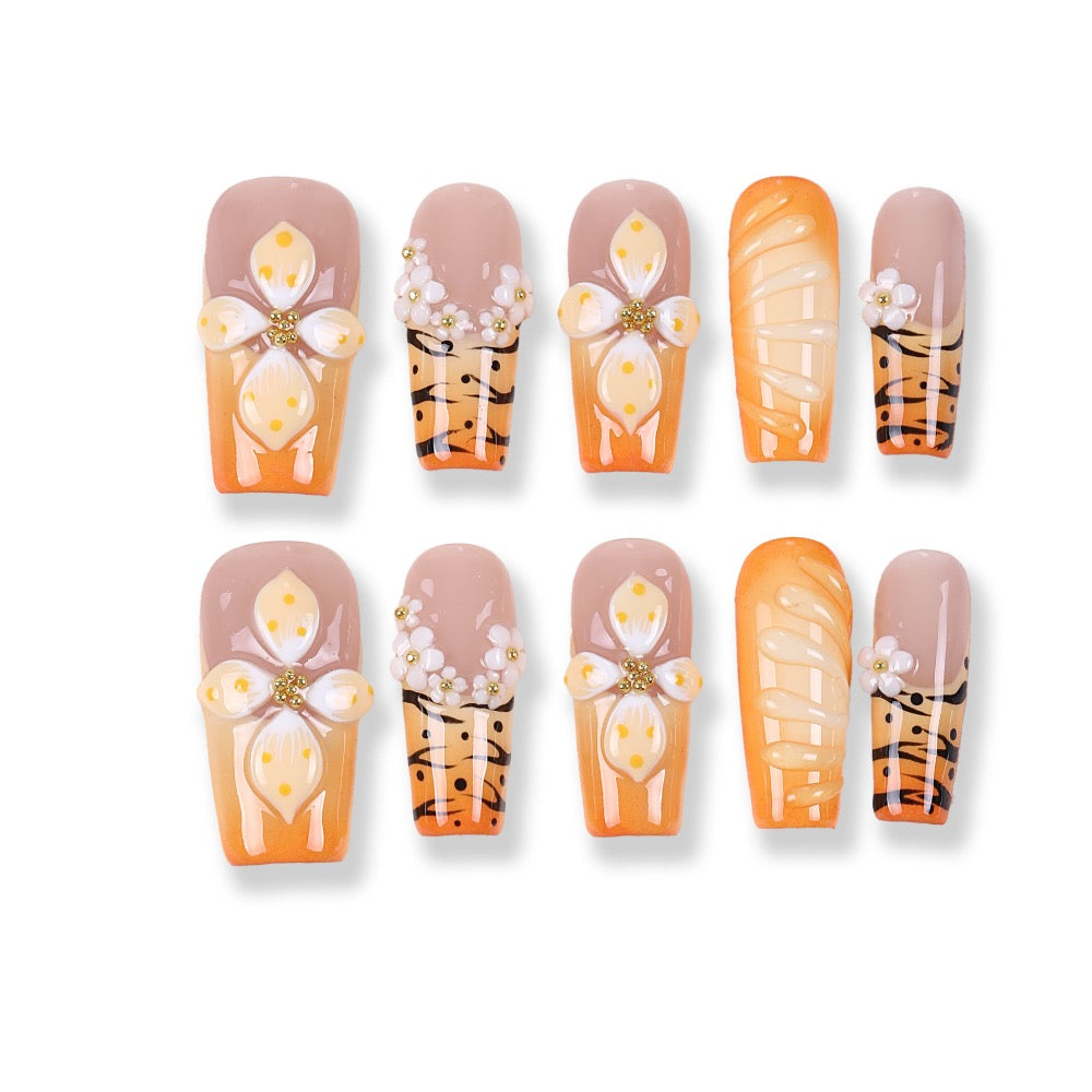 365Nails Caramel Blossom Press-On Nails with Nude-Orange Ombre, 3D Florals & Tiger Lines