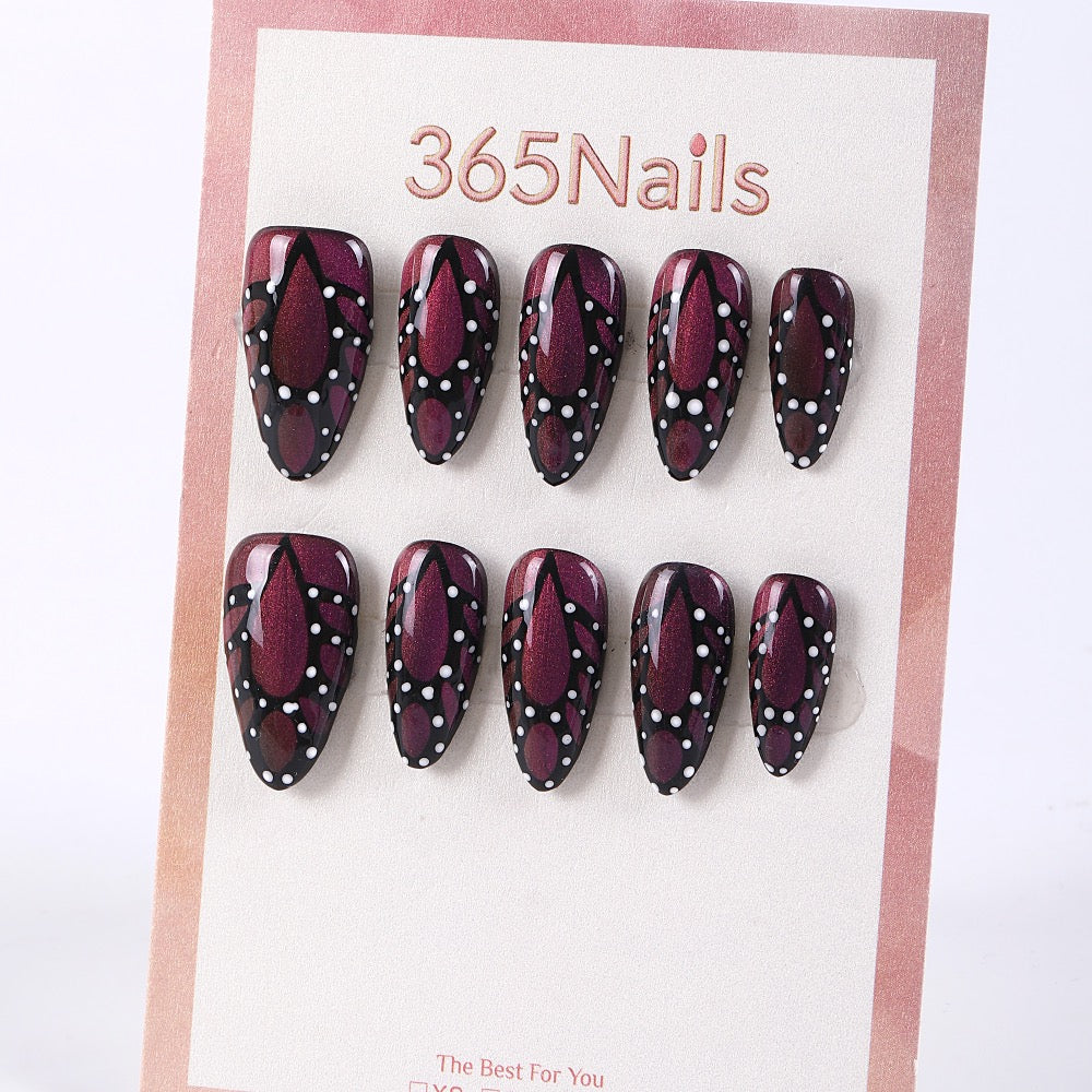 365Nails Burgundy Cat-Eye with Black Cutout Outline and White Dot Chains, Retro Gothic Press-On Nails