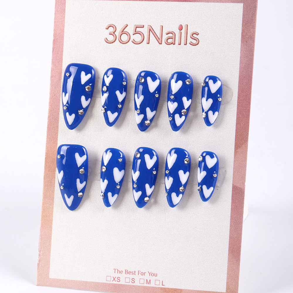 365Nails Royal Blue Full-Print Hearts with Silver Stud Accents Press-On Nails