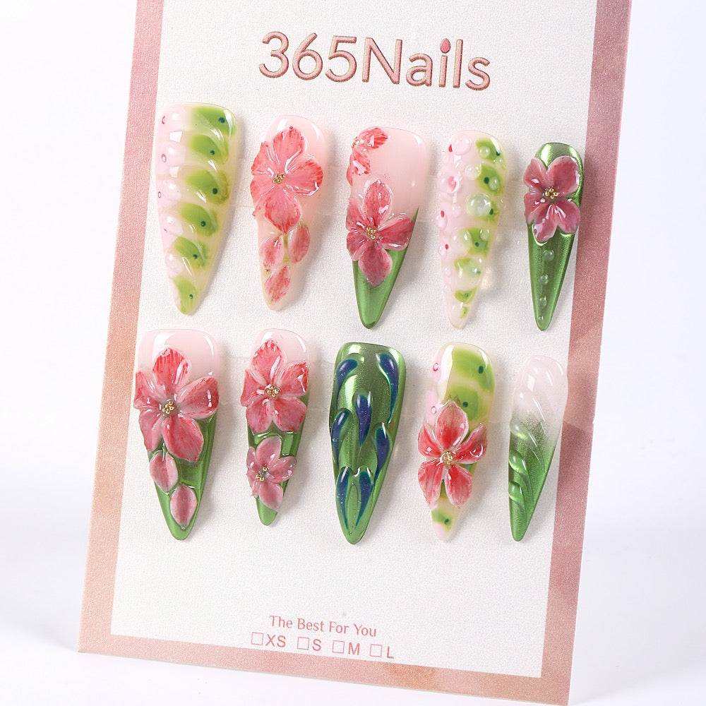 365nails forest jelly florals with leaf sculpt press‑onsSold in packs of 5. Minimum order: 1 pack (5 pcs). Quantity = number of packs. Qty 1 = 5 pcs
