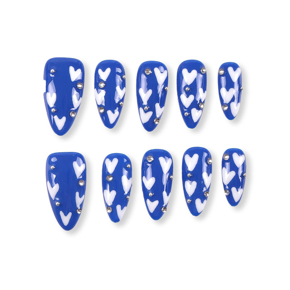 365Nails Royal Blue Full-Print Hearts with Silver Stud Accents Press-On Nails