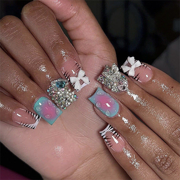 Manicura cuadrada corta con efecto de cebra en blanco y negro francés, con destellos de diamante y explosión, venta al por mayor | 365nails