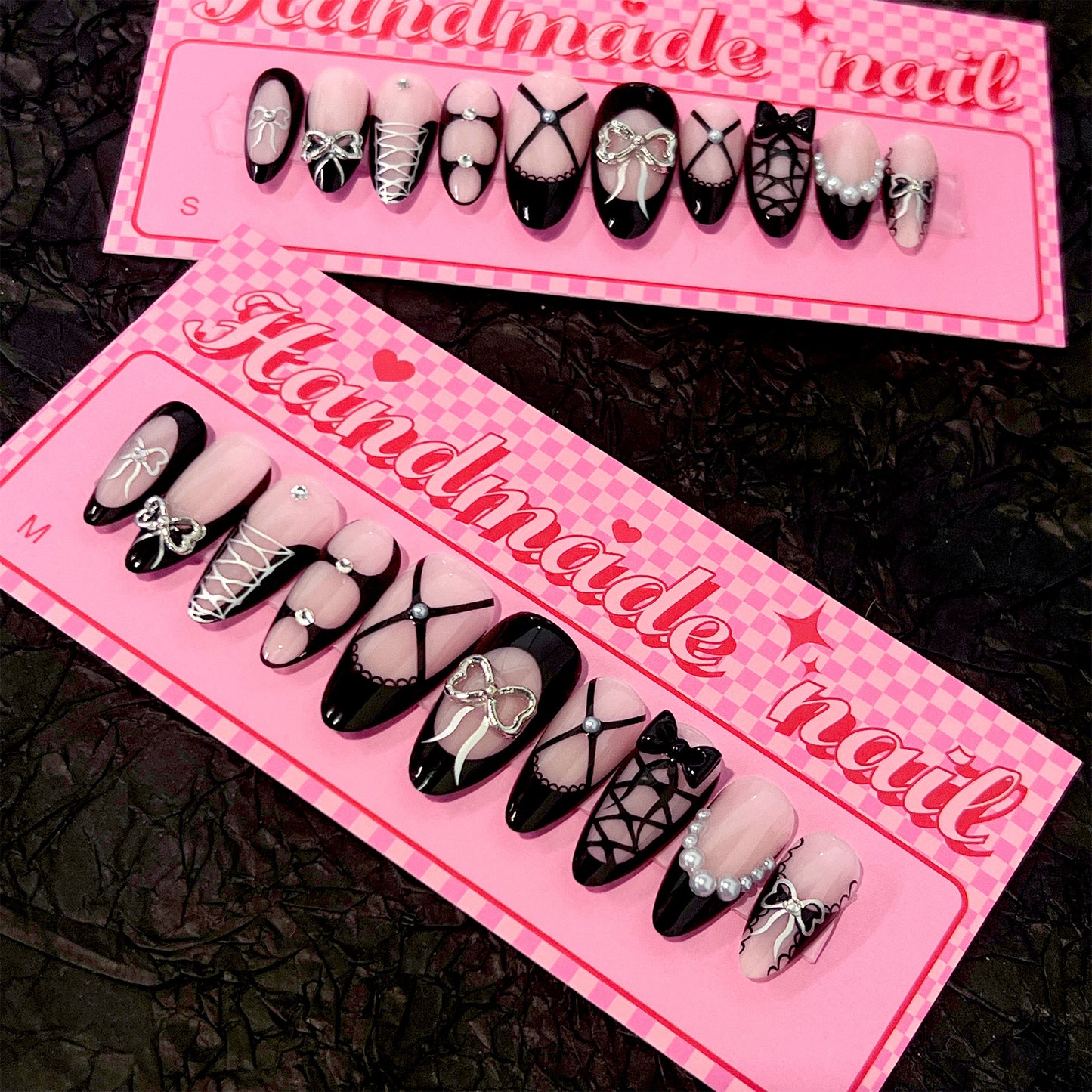 Cool spicy French black wearing nail point diamond three-dimensional bow manicure fake nail short almond nail piece wholesale|365nails