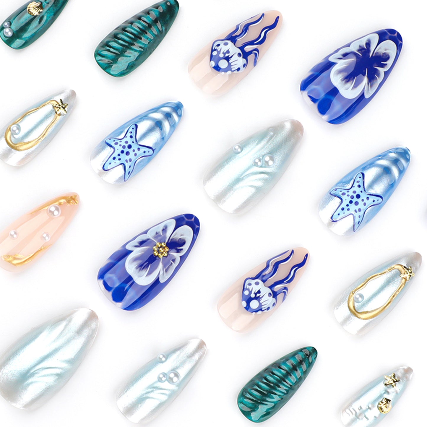 3D Ocean Pearl Nail Art Short Almond Wearable False Nail Wholesale|365nails
