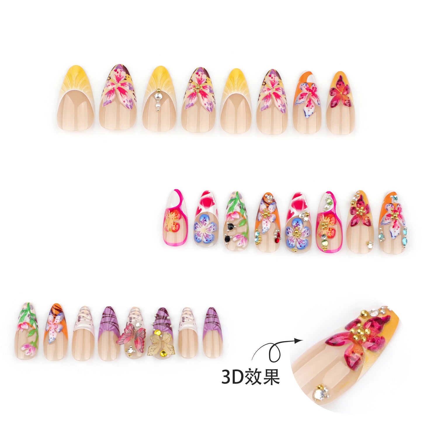 Tropical flower 3D three-dimensional point drill butterfly French nail piece hot-selling color fake nail manicure|365nails