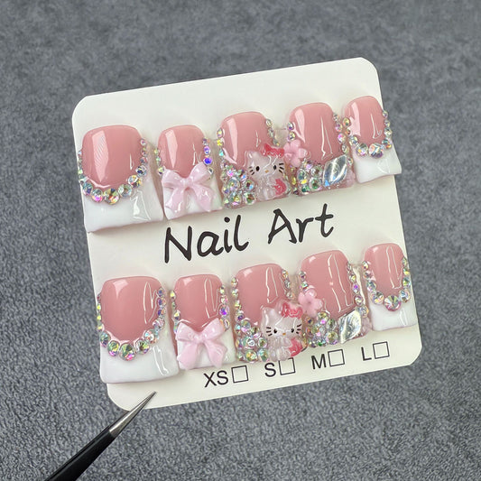 sweet bow cute KT cat  Duckbill Shape nail ice through French flash Handmade Press-on Nails fake nails|365nails