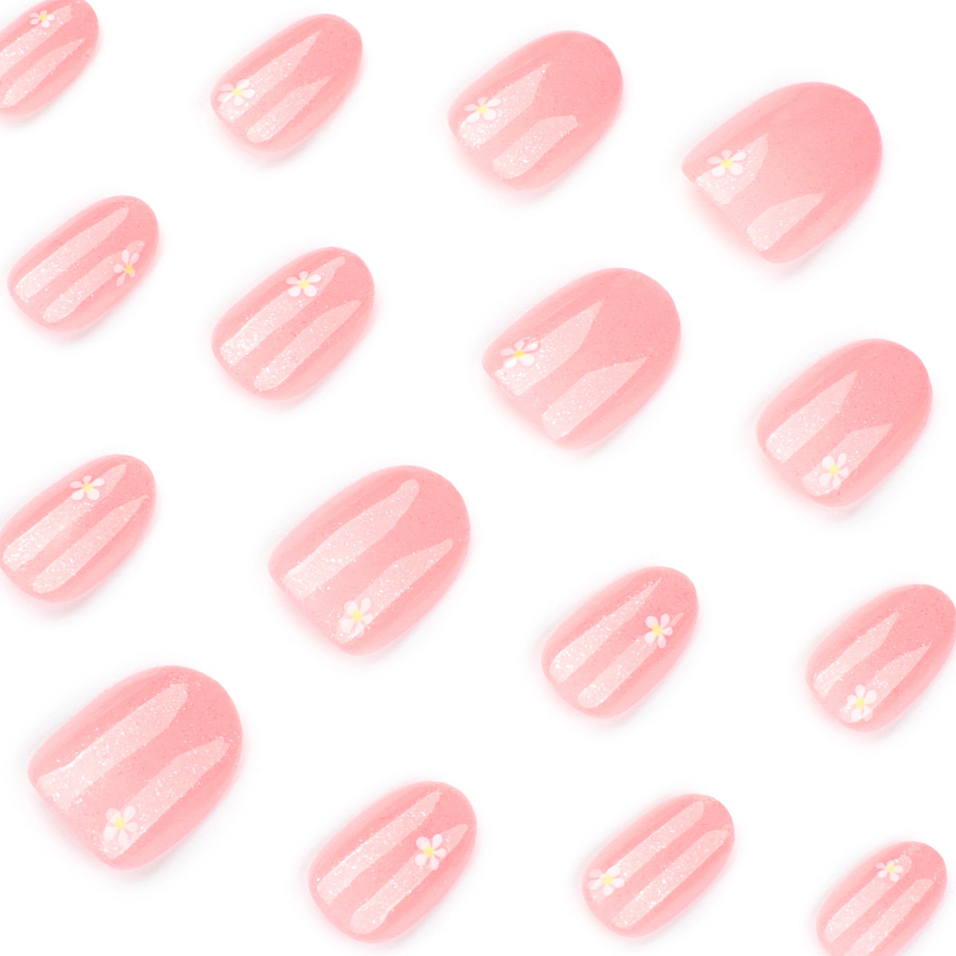 Uñas postizas sencillas y frescas con flores, cortas y redondas, manicura con purpurina explosiva, para llevar al por mayor | 365nails