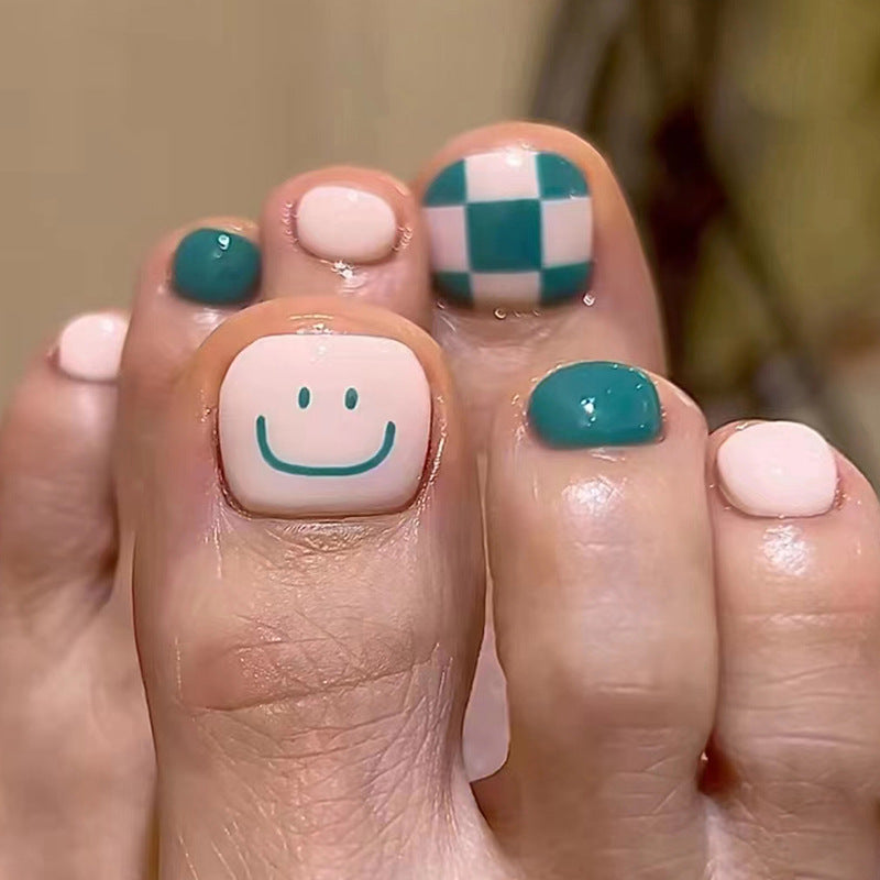 Cute smile fresh lake green checkerboard manicure Press-on toenails small fresh manicure fake nail wearable Press-on toenails nail|365nails
