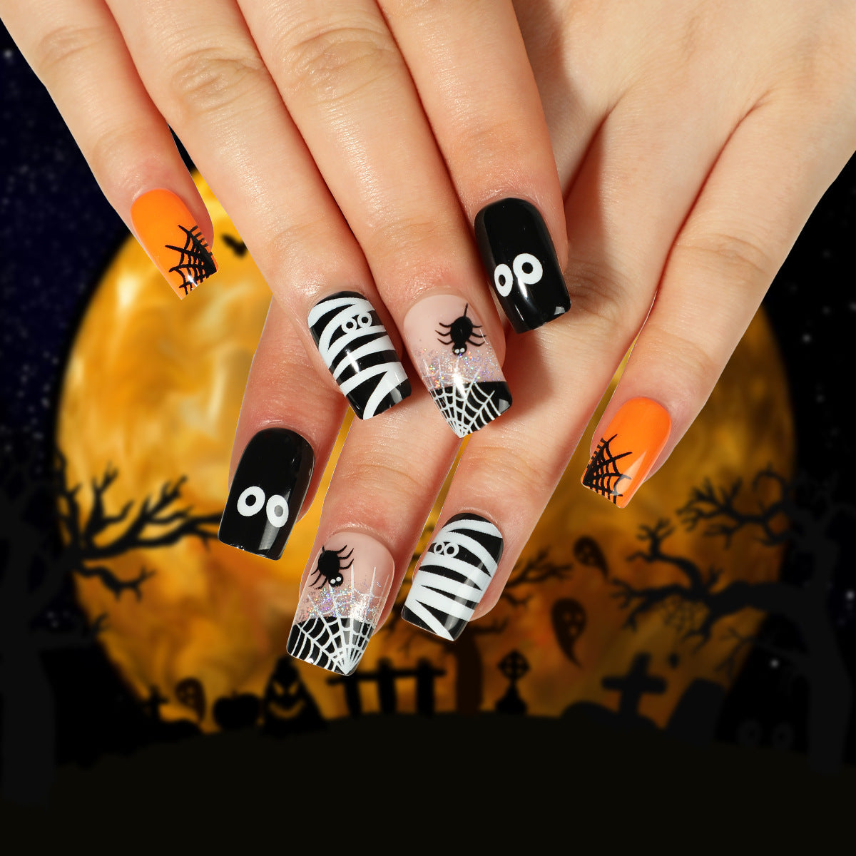 Uñas postizas 3D con diseño de araña y murciélago para Halloween, venta al por mayor | 365nails