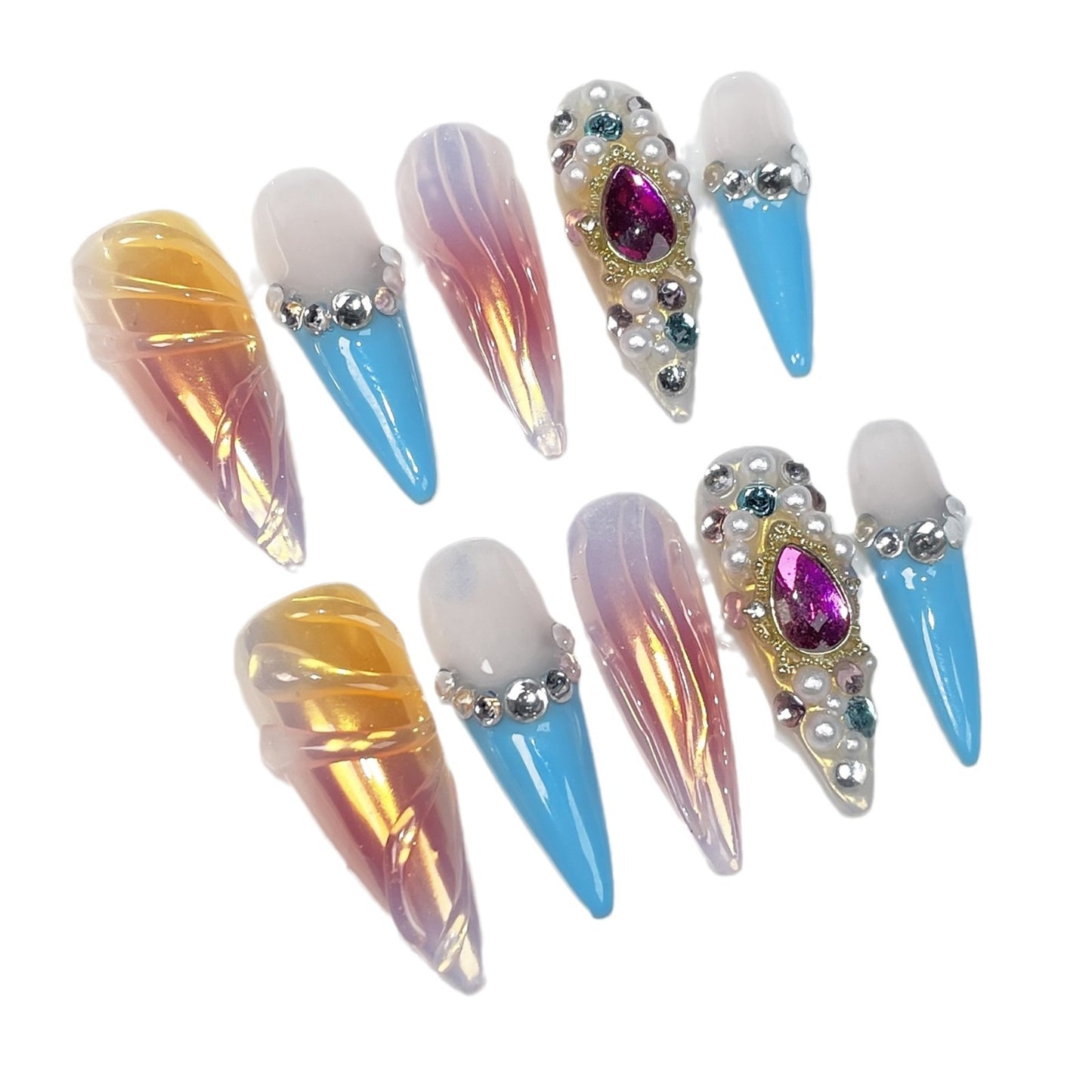 Uñas postizas hechas a mano, diseño de aerógrafo Spice Girl, manicura francesa transparente Flash Ice, uñas postizas para usar | 365nails