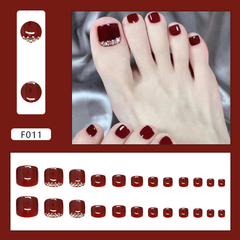 Unhas falsas cor vinho, unhas dos pés, cor sólida, removíveis, unhas postiças, unhas dos pés de pressão, diamante, 24 peças|365 unhas