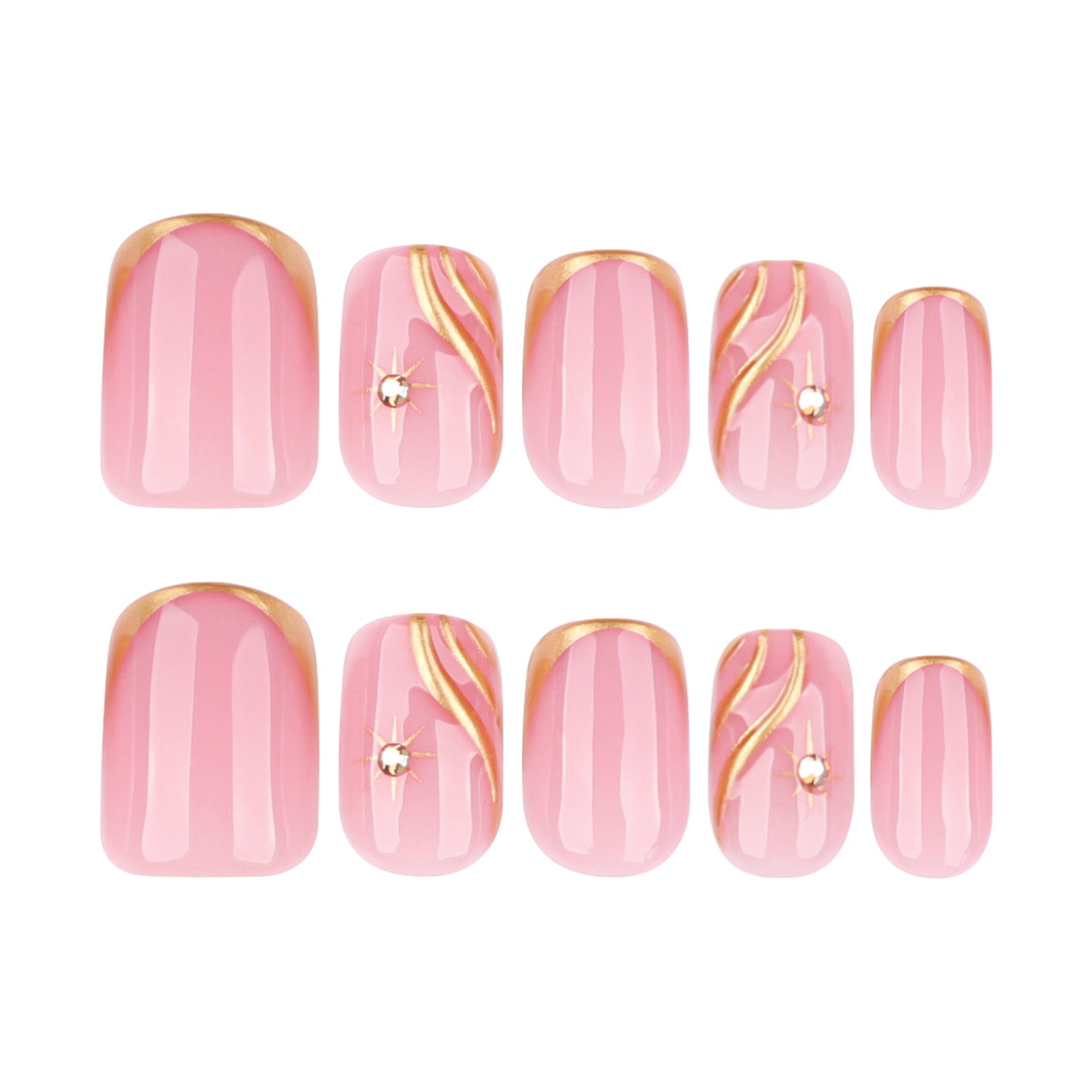 Short and medium square French gold 3D press-on nails