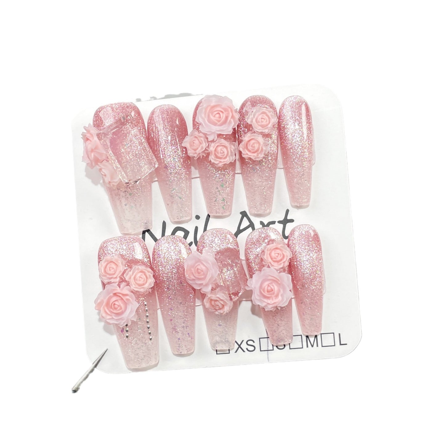 Handmade press-on nails cat eye simulation engraving sweet flash long stack drill|365nails