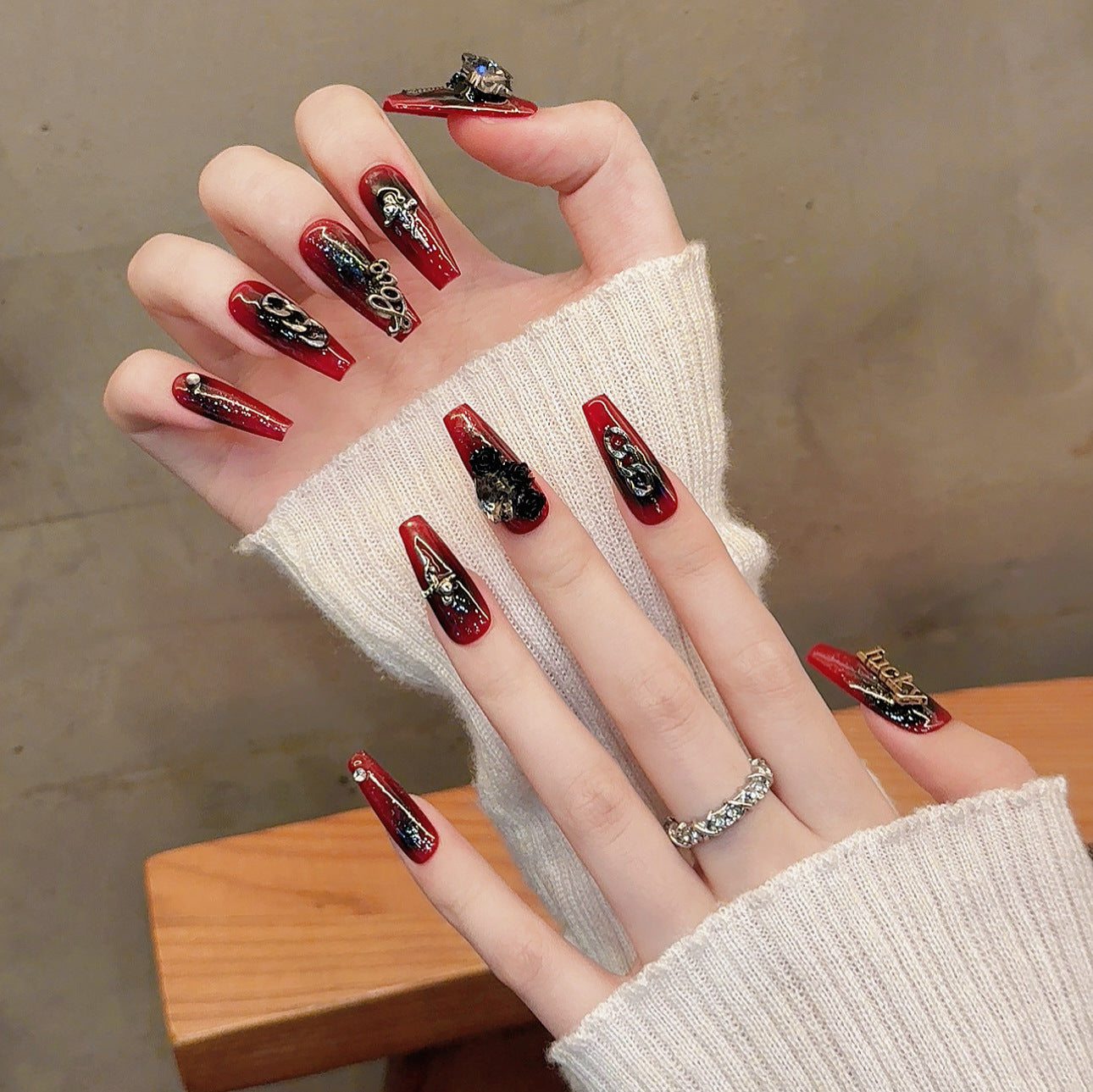 Handmade nails Dark Gothic Scarlet Dark Loli Blood Red Butterfly Wings Nail Art Trapezoidal Finished | 365nails