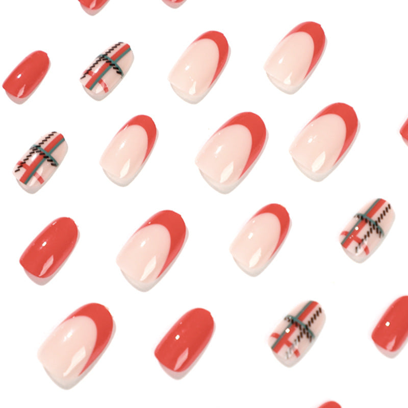 Unhas postiças de pressão curtas de Natal xadrez vermelho e verde, atacado, unhas de manicure removíveis |365nails