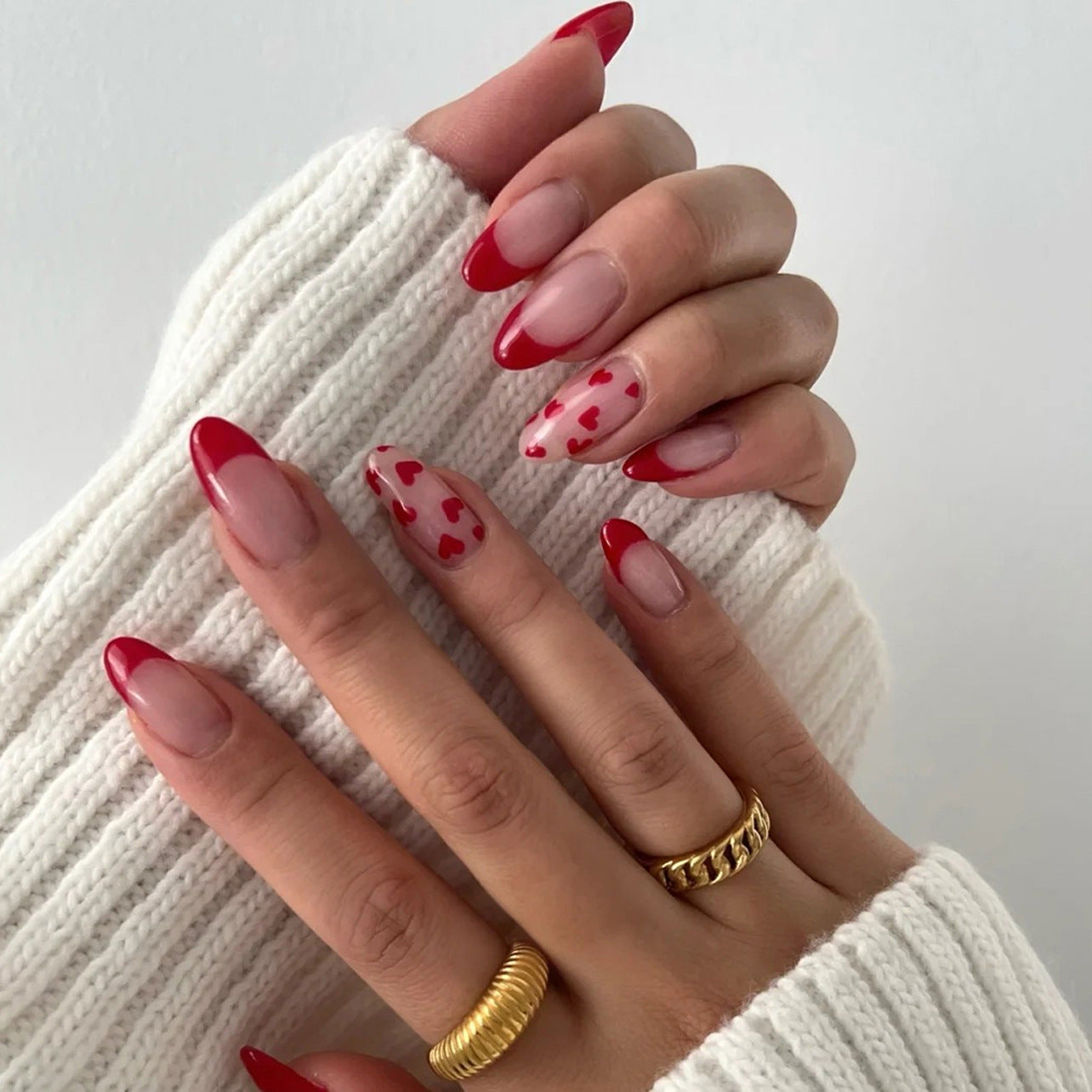 Simple naked pink Valentine's Day wearing nail French red edge manicure fake nail hot-selling red love nail piece|365nails