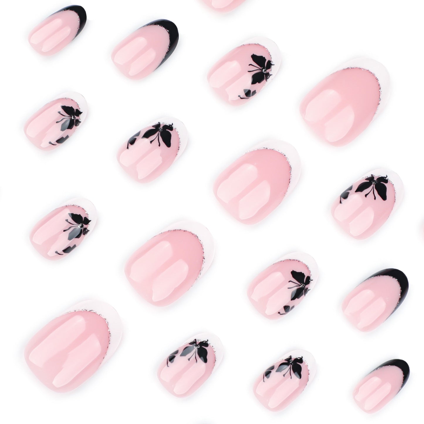 Short round nail manicure piece Simple French white edge Black butterfly ins false nail |365nails