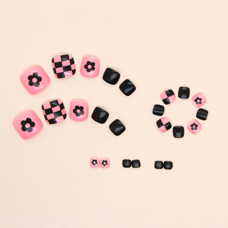 Unhas postiças para os pés, arte em forma de tabuleiro de xadrez com flores, branco, preto e rosa, unhas postiças removíveis, atacado de unhas postiças|365nails